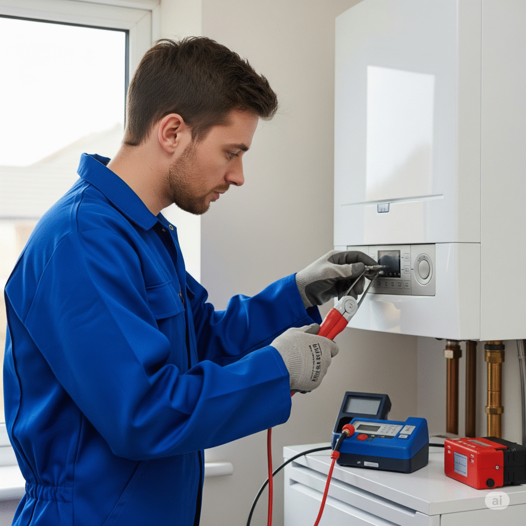 A female boiler technician wearing safety goggles and a blue uniform holds a flashlight in one hand while inspecting the open internal components of a white wall-mounted boiler in a utility room. A female boiler technician wearing safety goggles and a blue uniform holds a flashlight in one hand while inspecting the open internal components of a white wall-mounted boiler in a utility room.